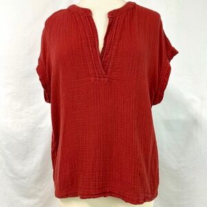XIRENA Red Cotton Gauze V Neck Short Sleeve Relaxed Boxy Fit Tunic Top Women's M